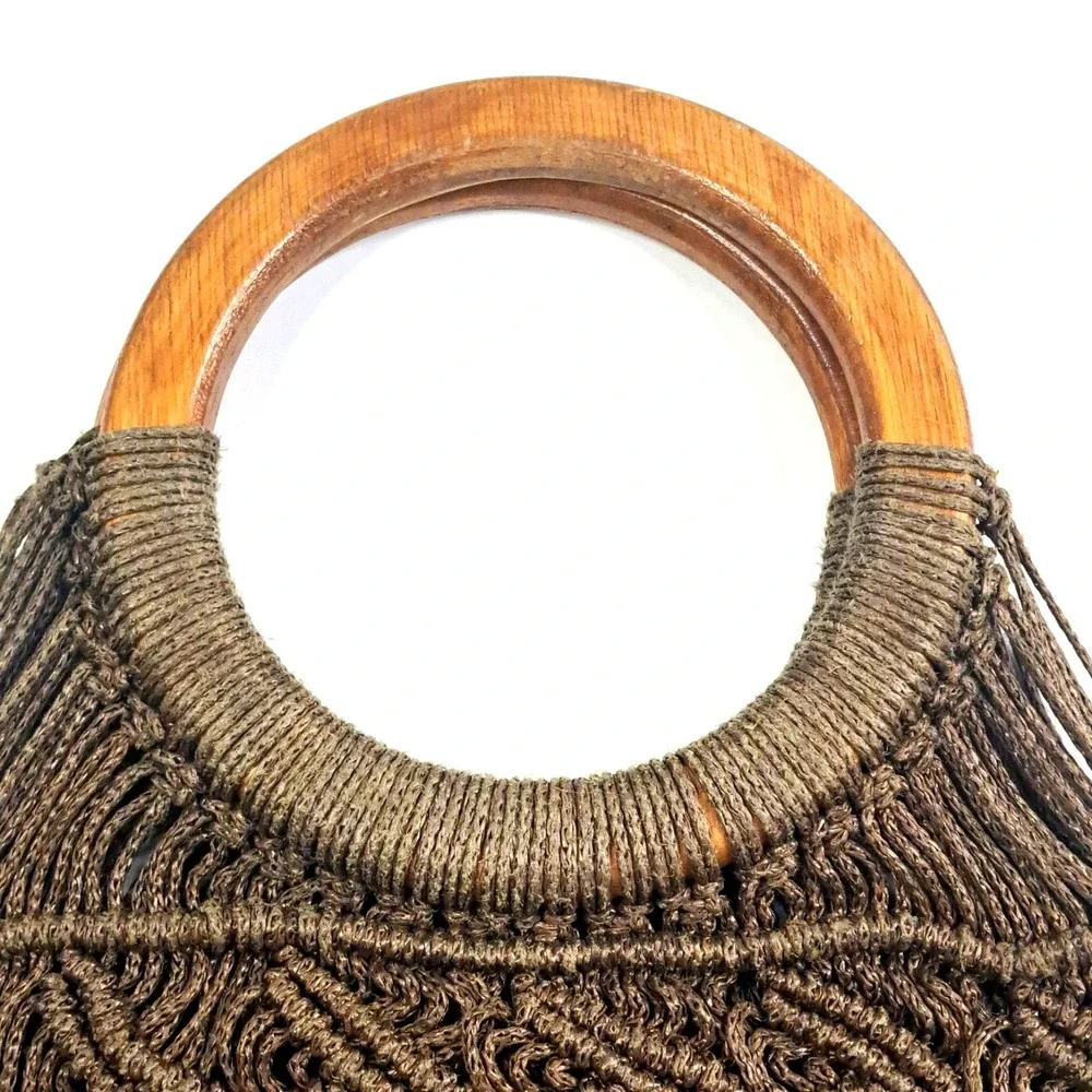 Vtg Macramé / Crochet Braided Purse‎ Hand Bag Round Wooden Handles 12x8